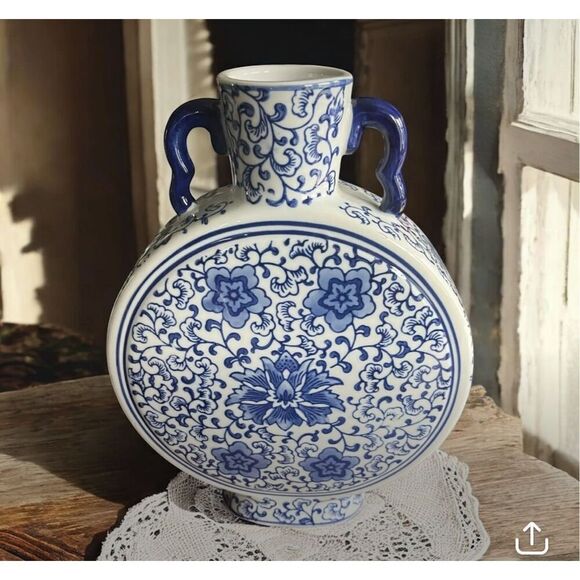 12.5” Porcelain Qing Qianlong Blue And White Floral Pattern Moon Vase Rose - Picture 1 of 3